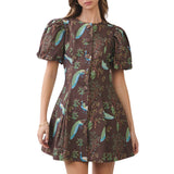Peacock Print Puff Sleeve Button Down Mini Dress