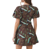 Peacock Print Puff Sleeve Button Down Mini Dress