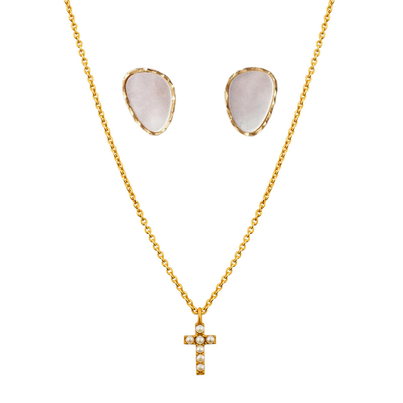 Pearl Stud Earrings and Dainty Cross Necklace Gift Set
