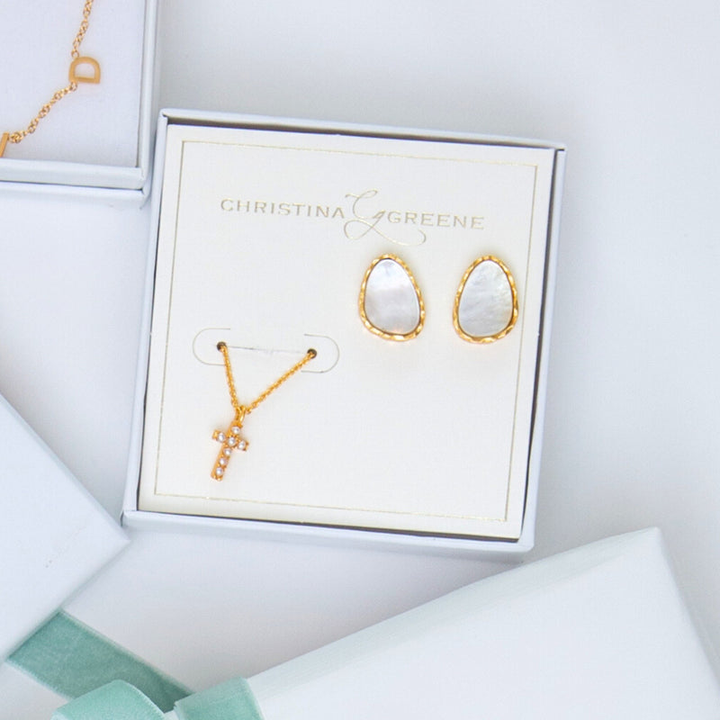 Pearl Stud Earrings and Dainty Cross Necklace Gift Set