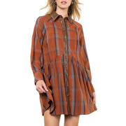 Plaid Contrast Leather Button Dress