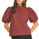 Plaid Ruffled Mock Neck Blouse Top