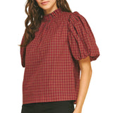 Plaid Ruffled Mock Neck Blouse Top