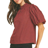Plaid Ruffled Mock Neck Blouse Top