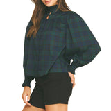 Plaid Ruffled Mock Neck Shirt