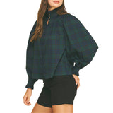 Plaid Ruffled Mock Neck Shirt