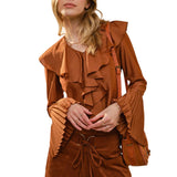 Pleated Ruffle Detail Blouse - Rust