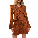 Pleated Ruffle Detail Blouse - Rust