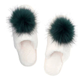 Plush Slippers - Ivory + Forest Green Pom Pom