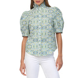 Puff Sleeve Ruffle Neck Button Down Top