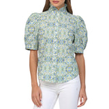 Puff Sleeve Ruffle Neck Button Down Top