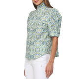 Puff Sleeve Ruffle Neck Button Down Top