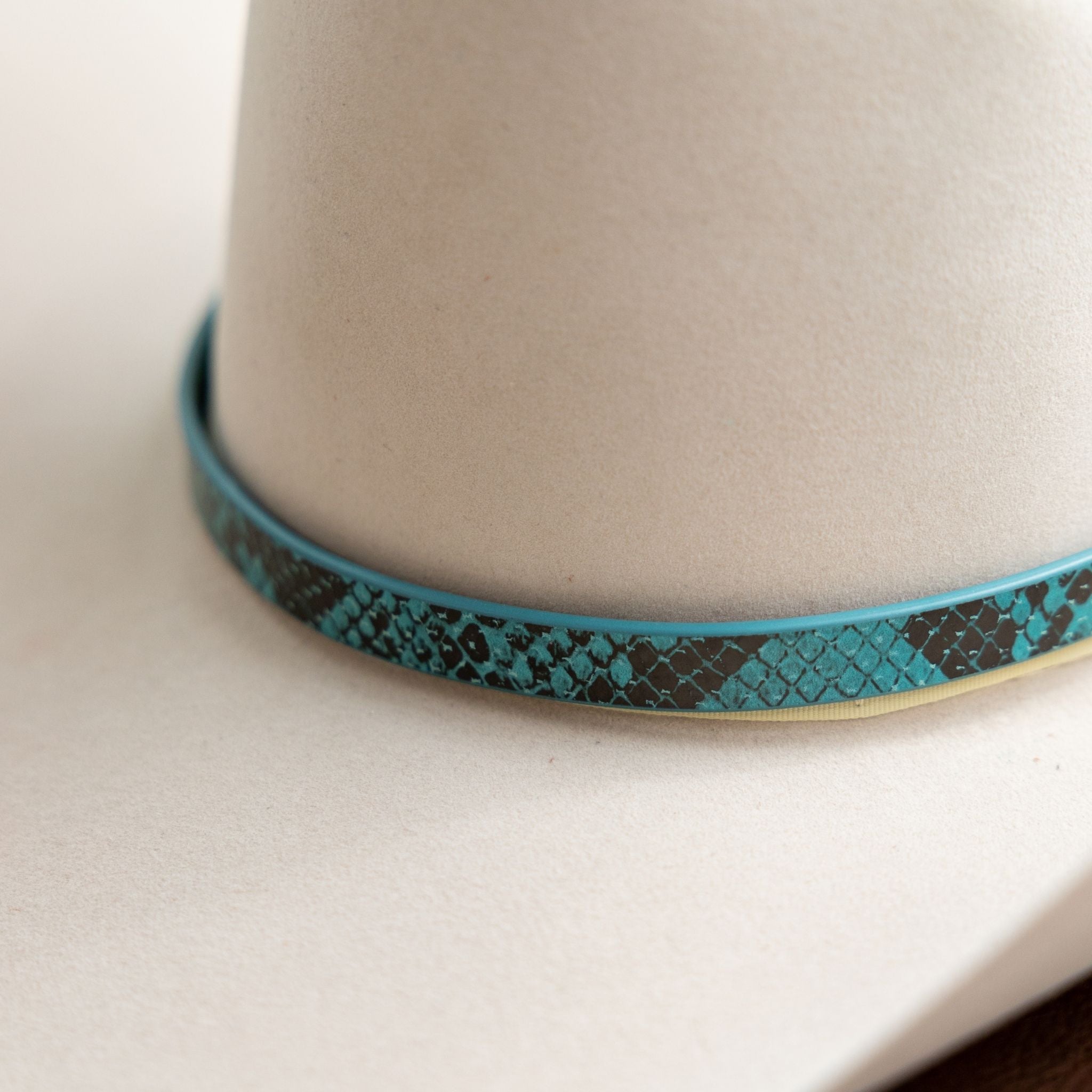 python hat band Images High Quality Grahic Python Print Leather Hat Band - Turquoise – Christina Greene
