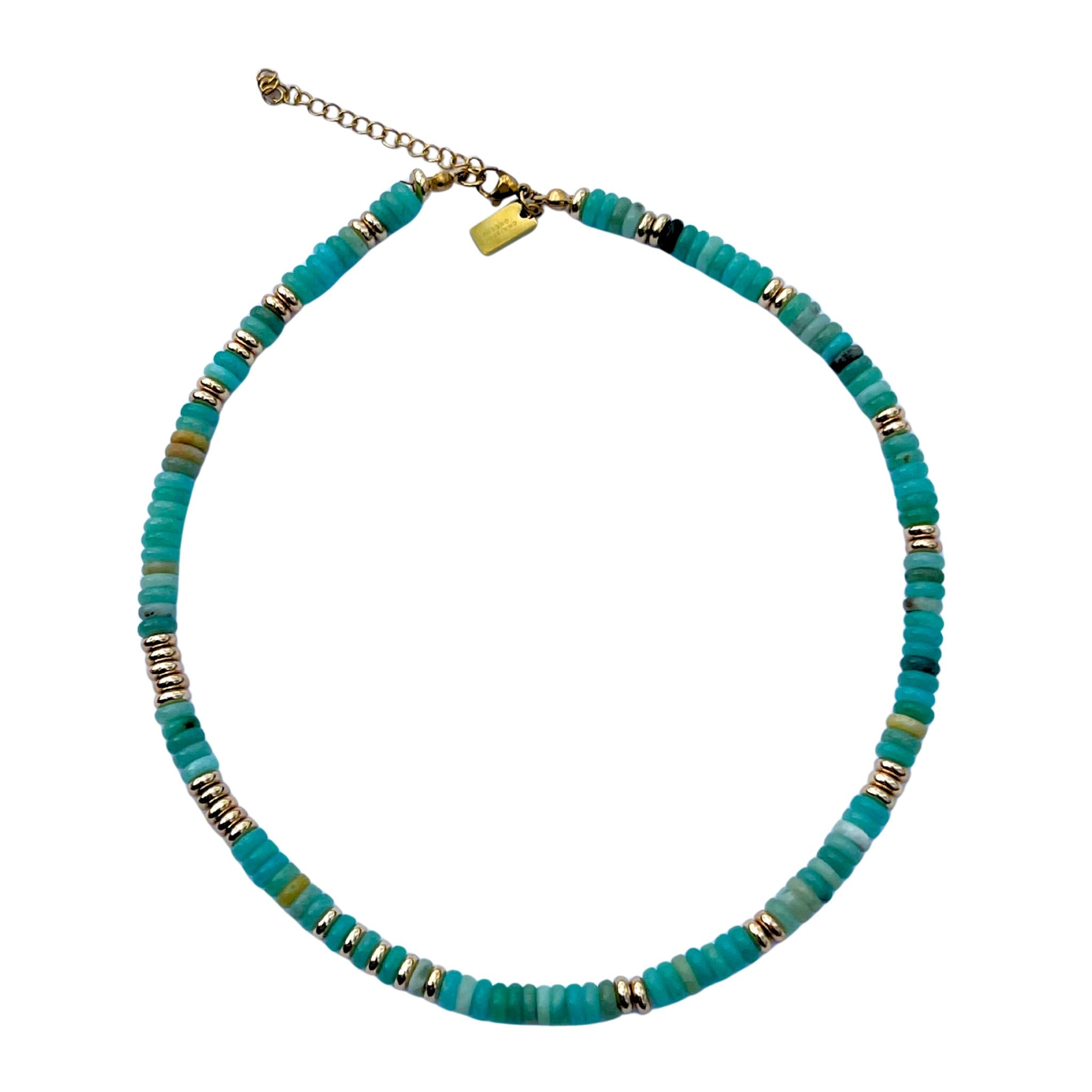 Riverbend Stone Beaded Necklace - Amazonite Stones in various shades of blue green with gold beads throughout and gold lobster claw clasp closure.
