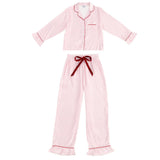 Ruffle PJ Set With Velvet Tie - Pink Stripe