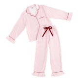 Ruffle PJ Set With Velvet Tie - Pink Stripe