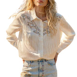 Satin Yoke Fringe Embroidered Shirt