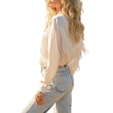 Satin Yoke Fringe Embroidered Shirt