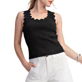 Scallop Wave Shape Scoop Neck Sleeveless Everyday Knit - Black