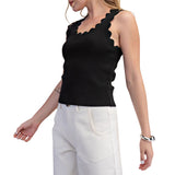 Scallop Wave Shape Scoop Neck Sleeveless Everyday Knit - Black
