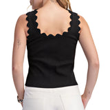Scallop Wave Shape Scoop Neck Sleeveless Everyday Knit - Black