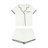 Short Bamboo PJ Set - White + Forest Green Whip Stitch