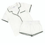 Short Bamboo PJ Set - White + Forest Green Whip Stitch
