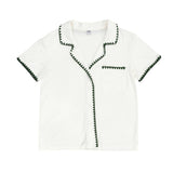 Short Bamboo PJ Set - White + Forest Green Whip Stitch