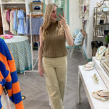 Straight Wide Leg Denim Pants - Beige