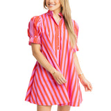 Stripe Button Puff Sleeve Dress