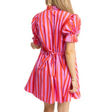 Stripe Button Puff Sleeve Dress