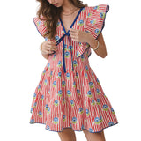 Stripe Floral Print Ruffle Mini Dress