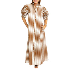 Stripe Ruffle Neck Maxi Shirt Dress