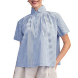 Stripe Shirt Stand Collar Short Sleeves