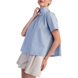Stripe Shirt Stand Collar Short Sleeves