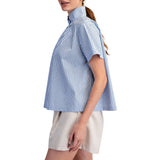 Stripe Shirt Stand Collar Short Sleeves