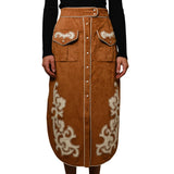 Suede Embroidered Patch Midi Skirt