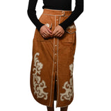 Suede Embroidered Patch Midi Skirt