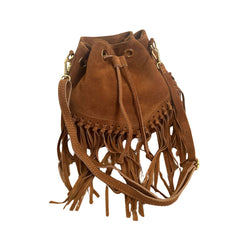 Suede Fringe Bucket Bag - Cognac