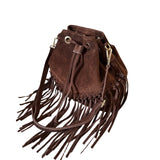 Suede Fringe Bucket Bag - Dark Brown