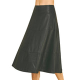 Tiered Leather A-Line Skirt - Black