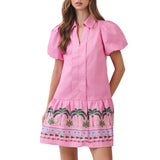 Tropical Border Puff Sleeve Mini Dress