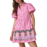 Tropical Border Puff Sleeve Mini Dress