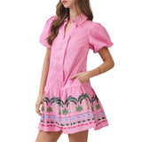 Tropical Border Puff Sleeve Mini Dress
