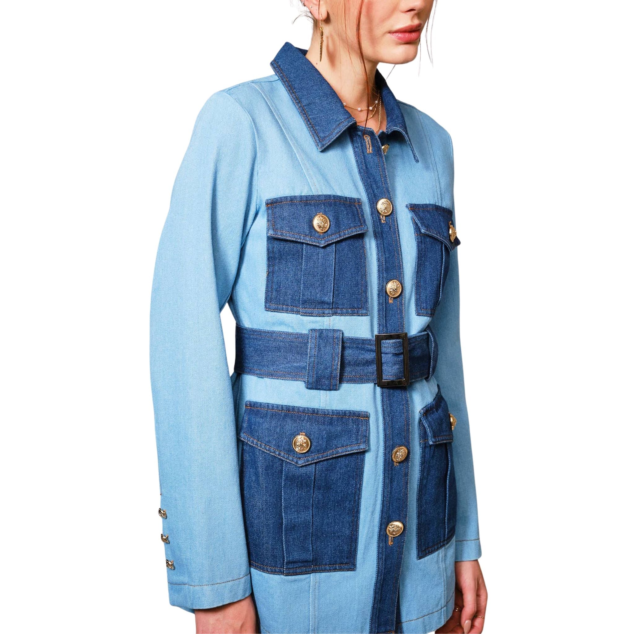 two toned denim dress Two Tone Belted Denim Twill Dress with Pockets