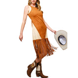 Two Tone Suede Studded Fringe Midi Dress