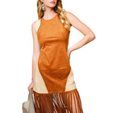 Two Tone Suede Studded Fringe Midi Dress