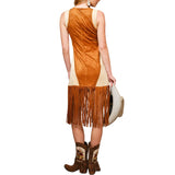 Two Tone Suede Studded Fringe Midi Dress