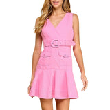 V-Neck Belted Ruffle Hem Dress
