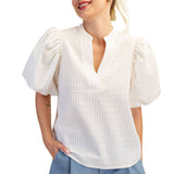 V-Neck Puff-Sleeve Textured Top